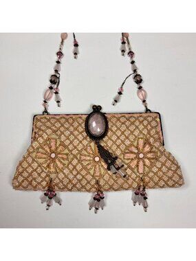 VTG Rare Todd Anthony New York Designer Beaded Evening Bag Rose Quartz Cabochon